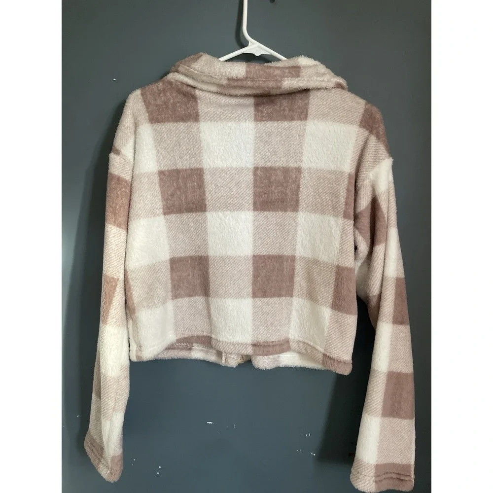 SHEIN Plaid Fuzzy Cropped Jacket Shirt Womens XS Brown White Button Up